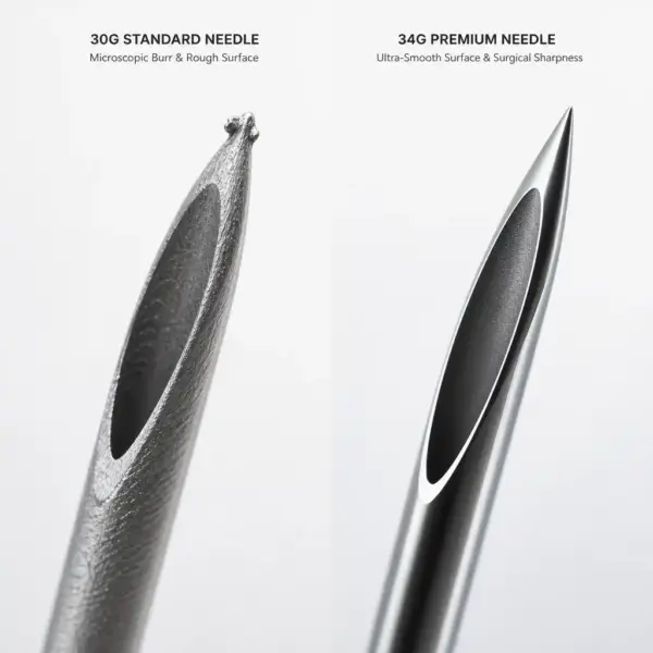 Microscopic comparison of 30G standard needle vs. 34G ultra-thin microneedle, showing surface smoothness and tip precision for painless clinical infusion.
