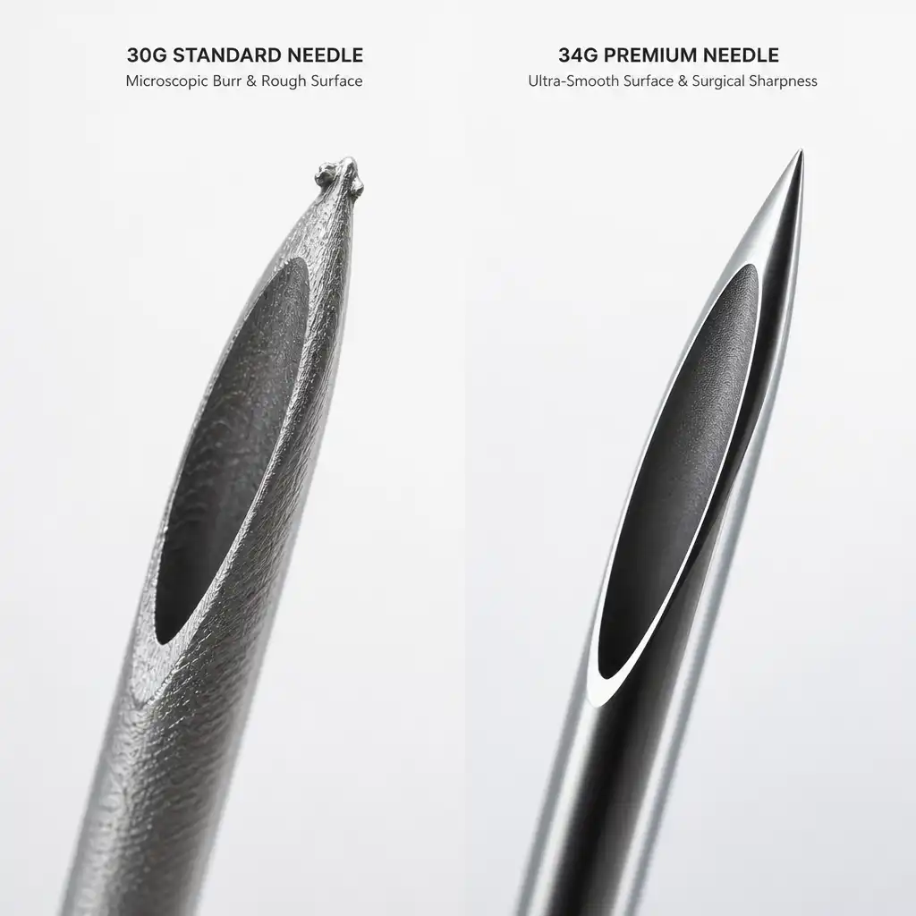 Microscopic comparison of 30G standard needle vs. 34G ultra-thin microneedle, showing surface smoothness and tip precision for painless clinical infusion.
