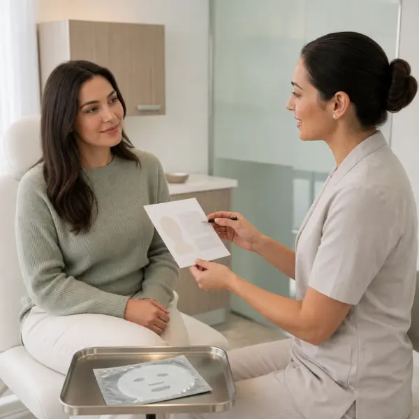 Aesthetic clinic consultation with a skincare professional explaining a pre-procedure soothing hydrogel mask to a client